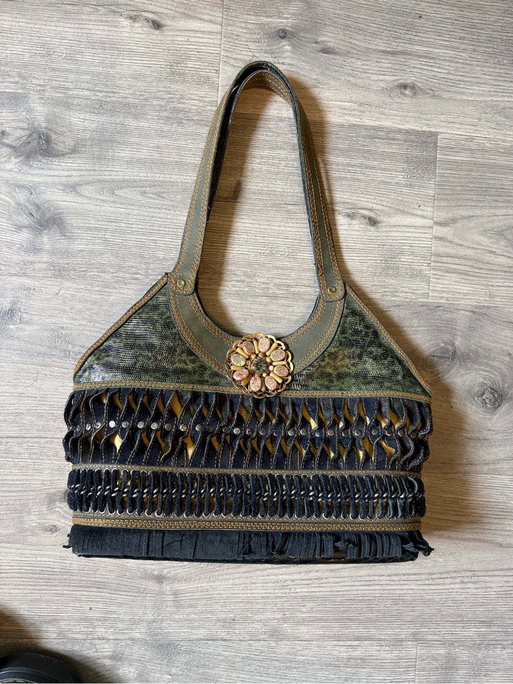 Mary Frances Olive Green and Black Boho Shoulder Bag with Floral Medallion